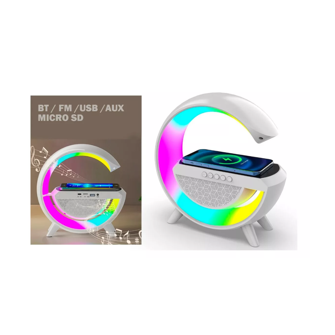 Parlante Bluetooth con Lámpara G y Carga Inalámbrica – Ilumina y Disfruta tu Música